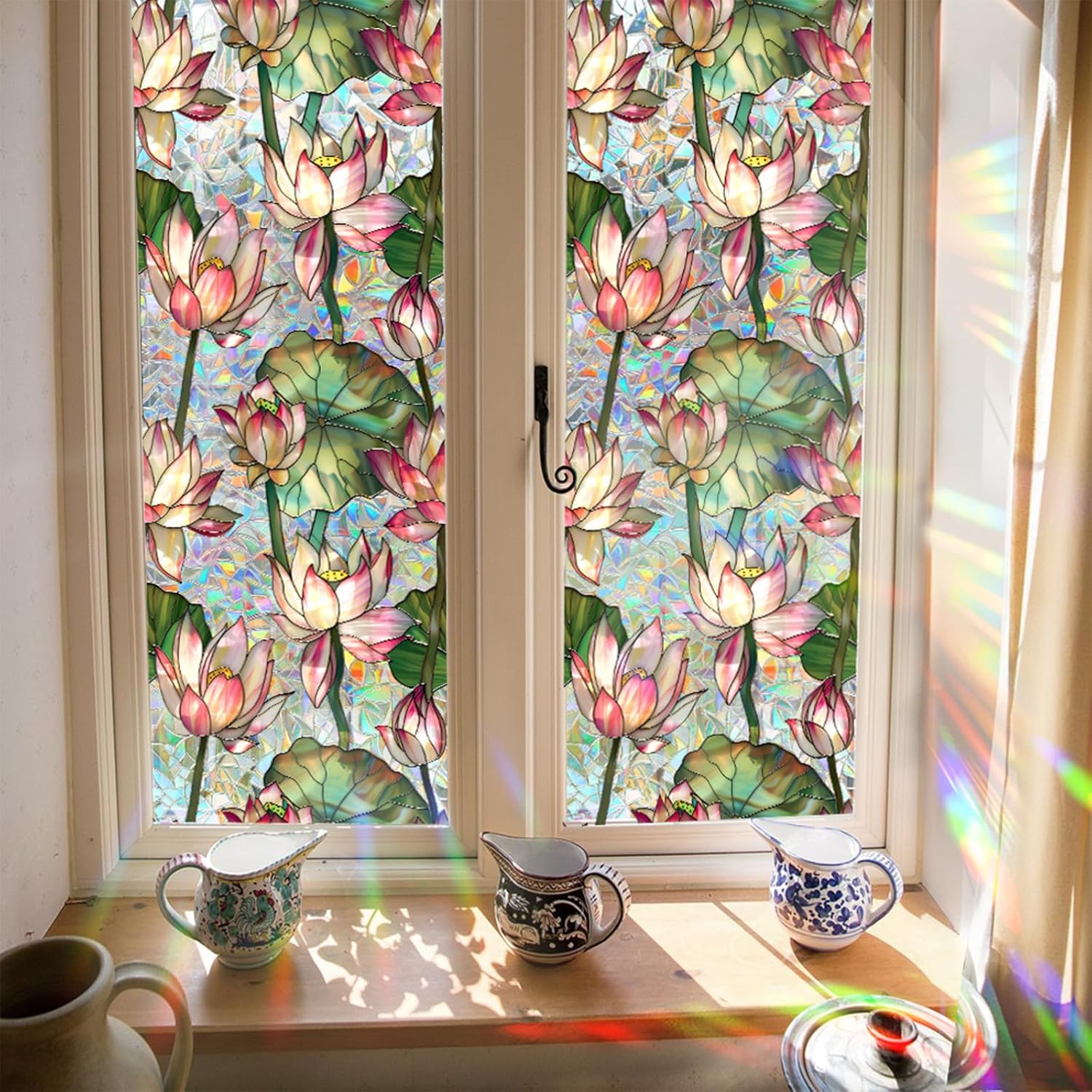 Home Bathroom Window Tint - 蓮の花ステンドグラスウィンドウフィルム、レインボーウィンドウフィルムガラスデカール静電気粘着ステッカー、家庭用バスルーム用ウィンドウティント