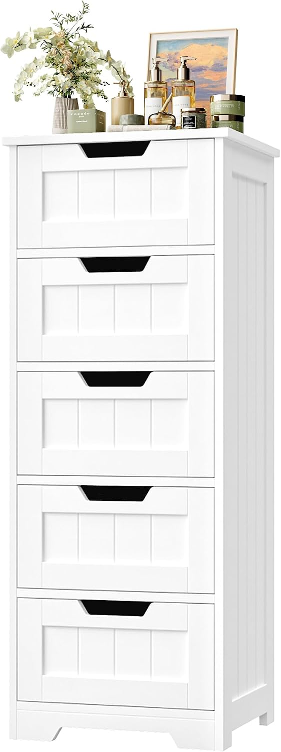 Home Bathroom Furniture - 自立型バスルーム収納キャビネット、5つの引き出し付き木製フロアオーガナイザーユニット、リビングルーム廊下用の狭いスペースを節約する家具、モダンな白いホームオーガナイザー