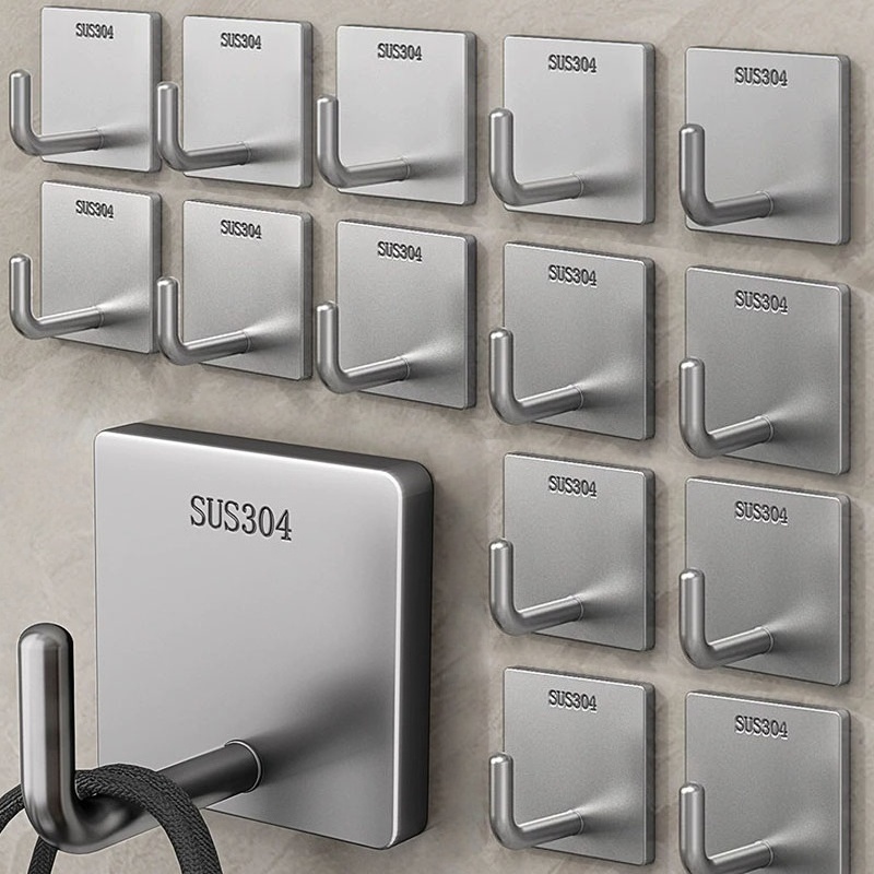 Towel Bar Stainless - 頑丈なステンレス製粘着タオルフック、粘着式吊り下げ式バスルームキッチン収納ホルダー、シルバーハンガー、家庭整理用