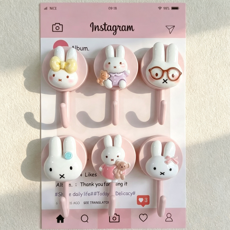 Home Edit Bathroom Organizer - かわいいミッフィーの粘着フック、穴あけ不要、強力な粘着力、防水タオルキーフック、バスルームキッチンホームデコレーションオーガナイザー