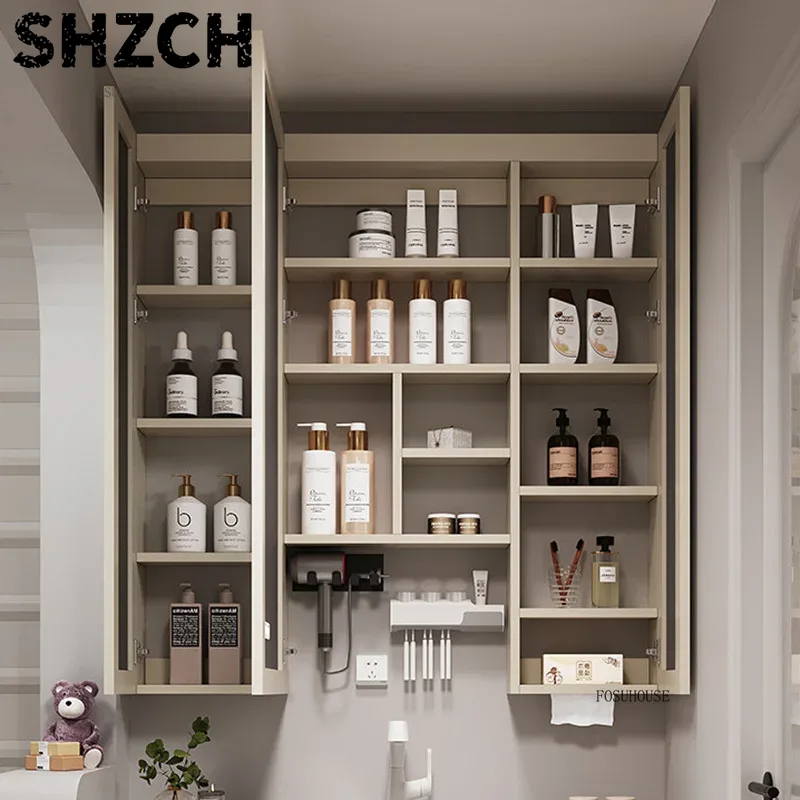Home Bathroom Furniture - モダンな厚みのある浴室鏡、一体型スマート収納キャビネット付き、豪華な木製洗面台デザイン、家庭に便利