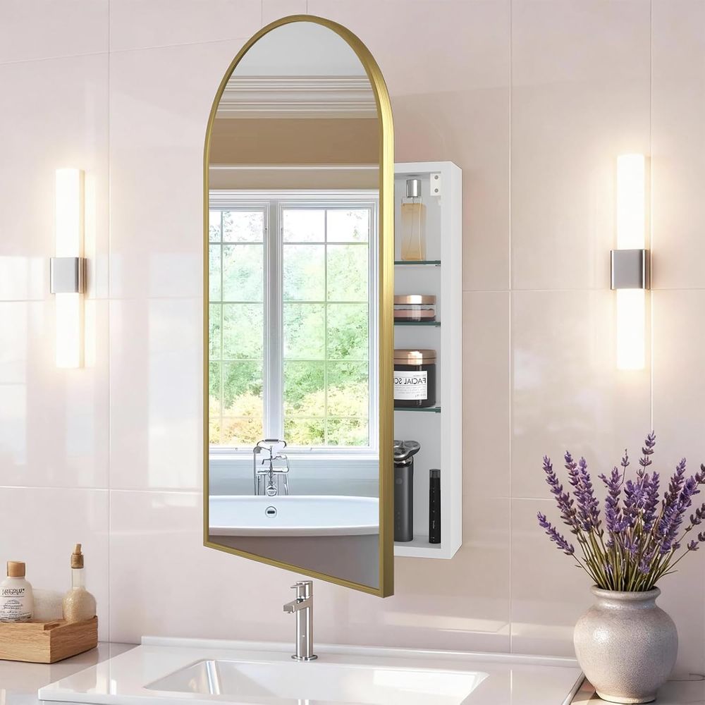 Home Bathroom Furniture - 豪華なアーチ型ゴールドの浴室用薬棚（鏡付き）、DIY愛好家に最適、収納付き浴室鏡、鏡付き薬棚