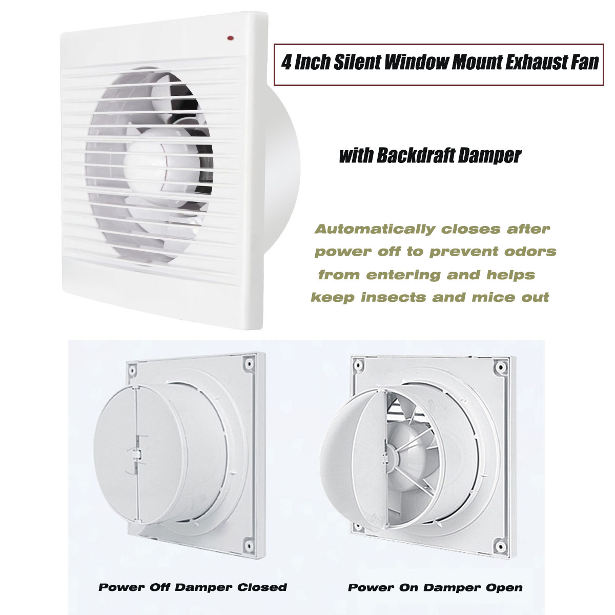 Home Bathroom Vent - 4インチ静音窓取り付け排気ファン（逆風ダンパー付き）、浴室トイレキッチン換気扇、GB EU UKプラグ対応