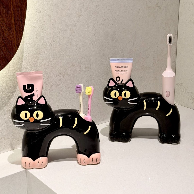 Home Edit Bathroom - パーソナライズされたクリエイティブで可愛い黒猫型のバスルーム収納ラック、歯ブラシホルダー、歯磨き粉、洗面台用収納ベース