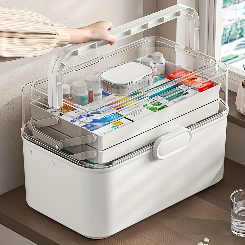 Home Bathroom Furniture - 大容量透明蓋付き薬収納ボックス/ディスペンサーボックス - プラスチック製薬品収納キャビネット、家庭、オフィス、キッチン、バスルーム、寝室用多目的オーガナイザーボックス - 薬や事務用品用の省スペースカウンタートップオーガナイザー -