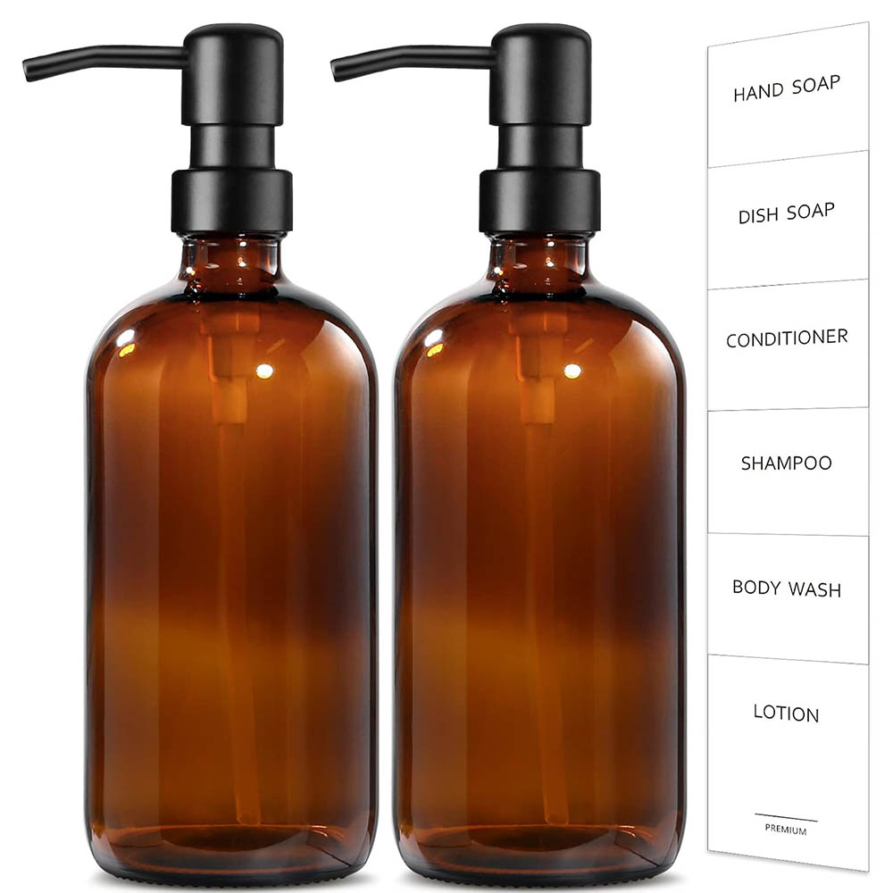 Zara Home Bathroom Accessories - 琥珀色のガラス製ソープディスペンサー、2個パック、17オンス、キッチン/バスルーム用ハンドソープディスペンサー、ステンレススチール製ポンプ付き、空のソープディスペンサー