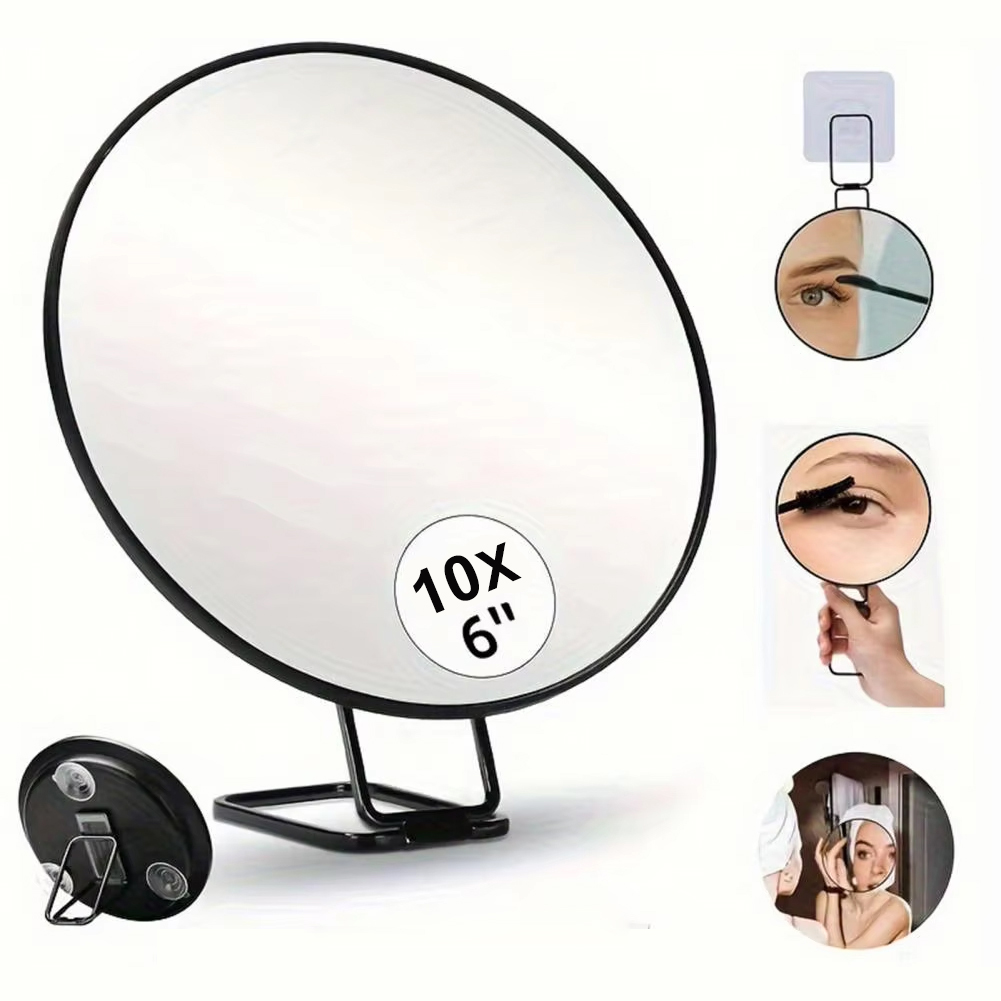 Shaving Mirror Suction - 持ち運び可能な6インチトラベルメイクアップミラー、10倍拡大鏡、調節可能なスタンド、3つの吸盤付き、詳細なメイクアップ、シェービング、ギフトに最適