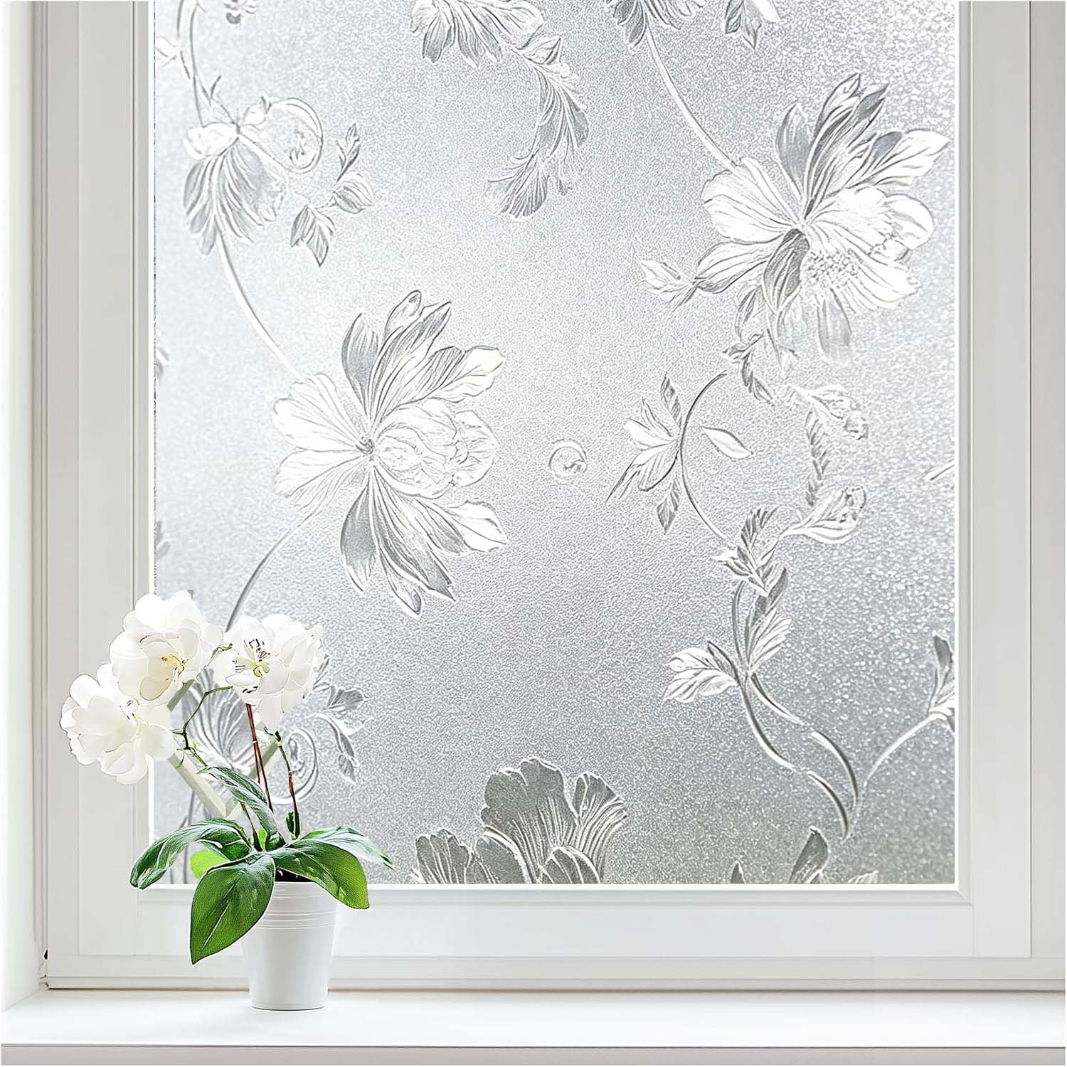 Home Bathroom Window Tint - 花柄フロストウィンドウプライバシーフィルム静電気でくっつく、装飾花柄ガラスステッカー、接着剤不要のUVブロックティント、バスルーム、ホームオフィス用
