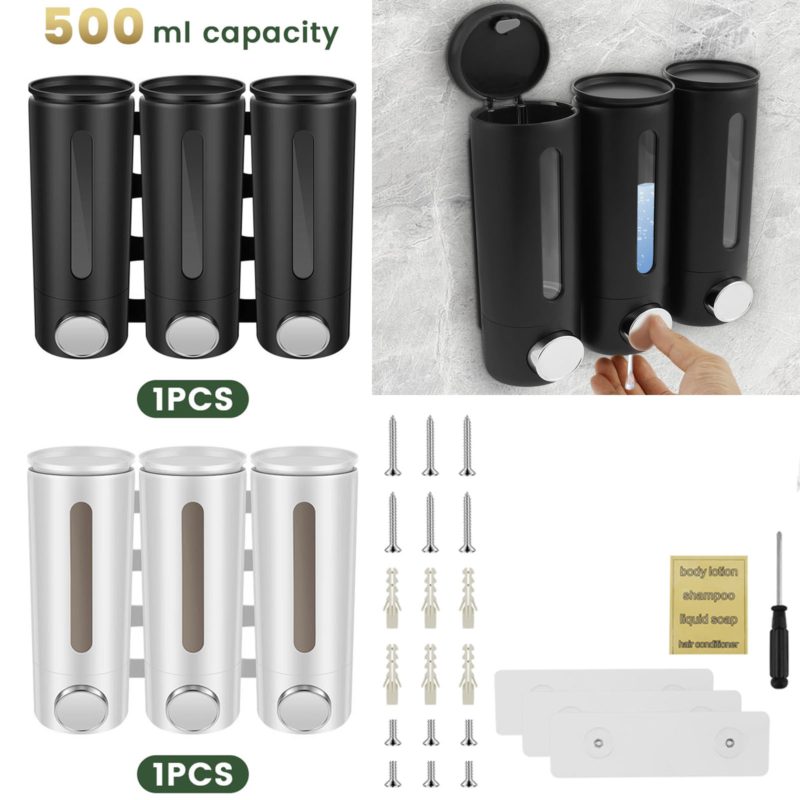 Home Bathroom Wall Soap Dispenser - 500ml壁掛け式浴室用液体ソープディスペンサー、3ヘッドソープコンディショナーディスペンサー、透明窓付き、家庭、ホテル、スパ用