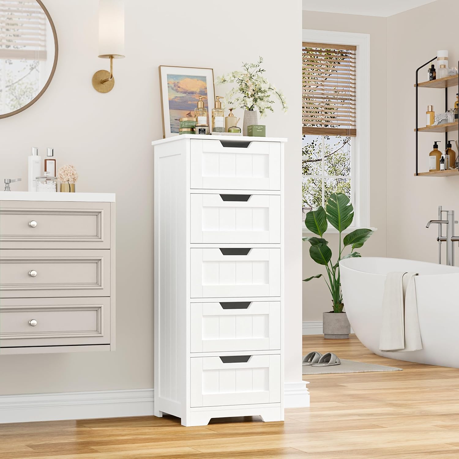 自立型バスルーム収納キャビネット、5つの引き出し付き木製フロ - Home Bathroom Furniture のレビューと価格