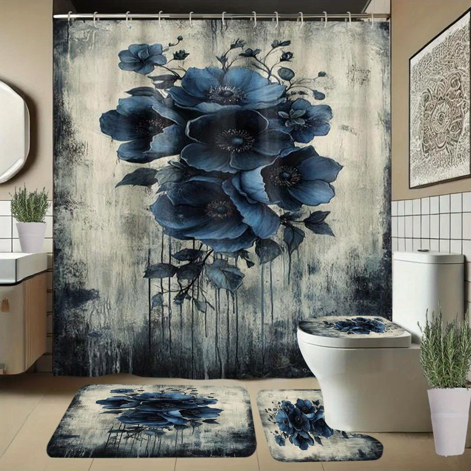 4点セットの青い花柄シャワーカーテン、フック付き、浴槽、トイ - Home Bathroom Tub のレビューと価格
