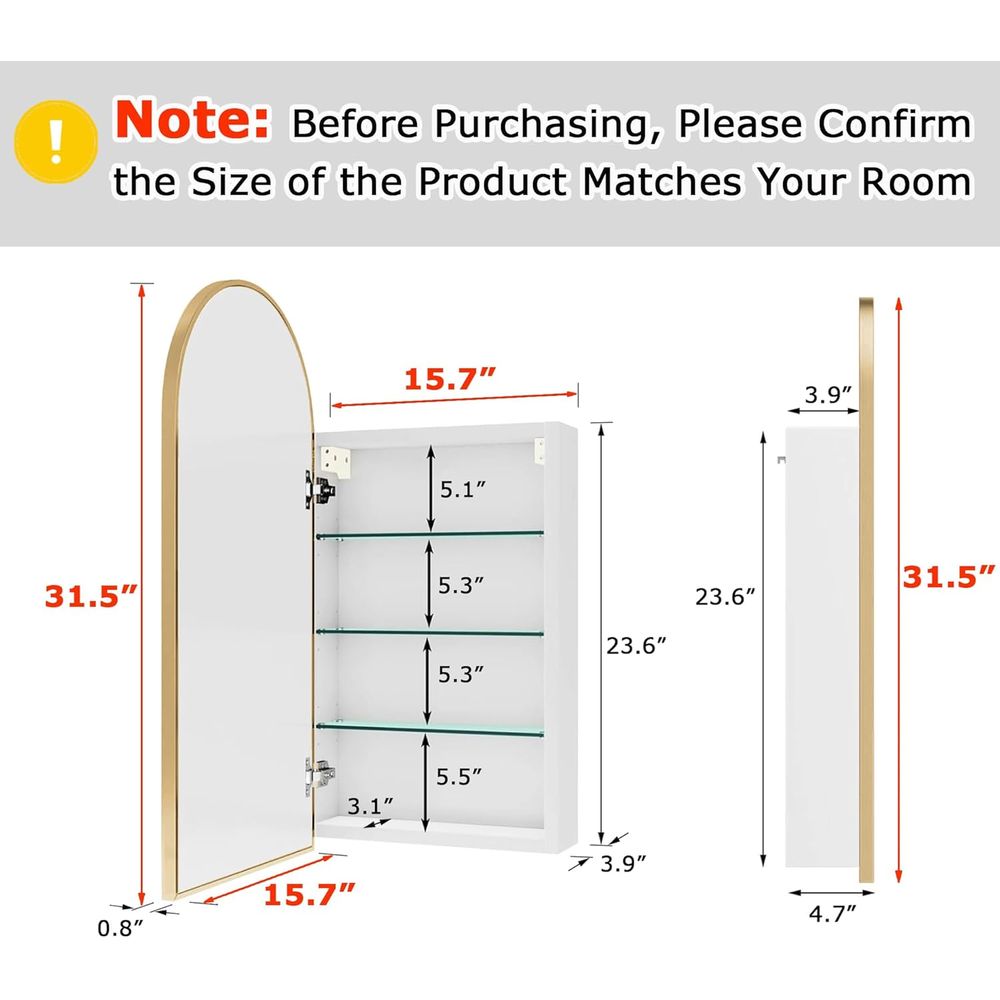 豪華なアーチ型ゴールドの浴室用薬棚（鏡付き）、DIY愛好家に - Home Bathroom Furniture のレビューと価格