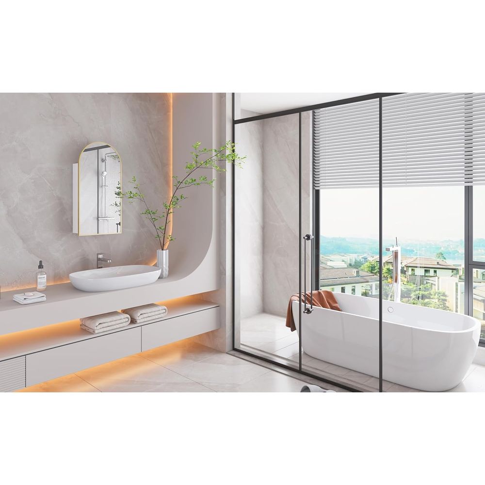 豪華なアーチ型ゴールドの浴室用薬棚（鏡付き）、DIY愛好家に - Home Bathroom Furniture のレビューと価格