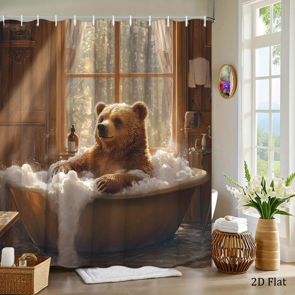 浴槽で入浴している楽しい茶色のクマが描かれたクマのシャワーカ - Home Bathroom Tub のレビューと価格