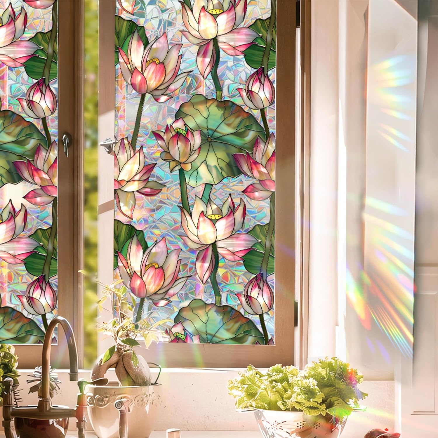 蓮の花ステンドグラスウィンドウフィルム、レインボーウィンドウ - Home Bathroom Window Tint のレビューと価格