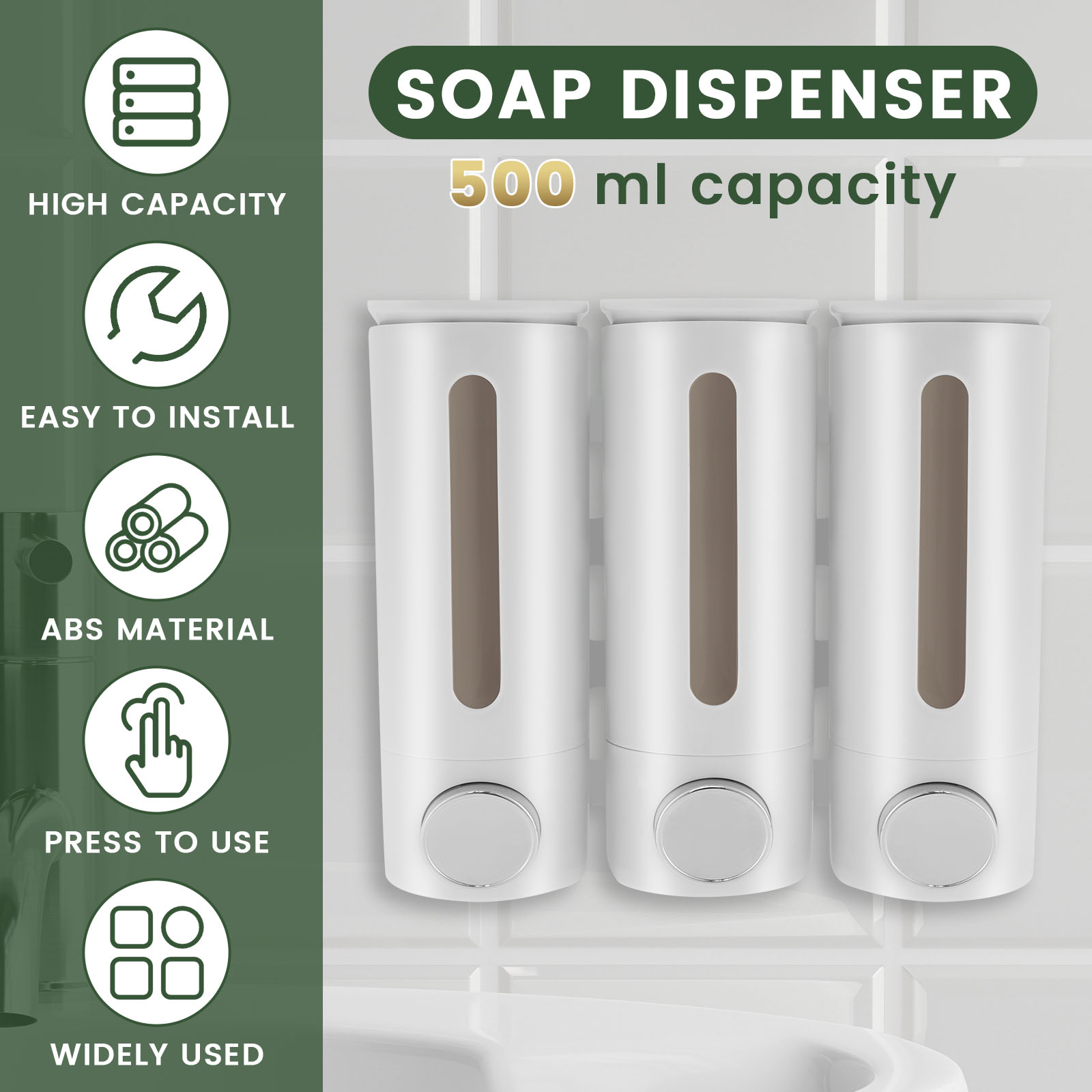 500ml壁掛け式浴室用液体ソープディスペンサー、3ヘッドソ - Home Bathroom Wall Soap Dispenser のレビューと価格